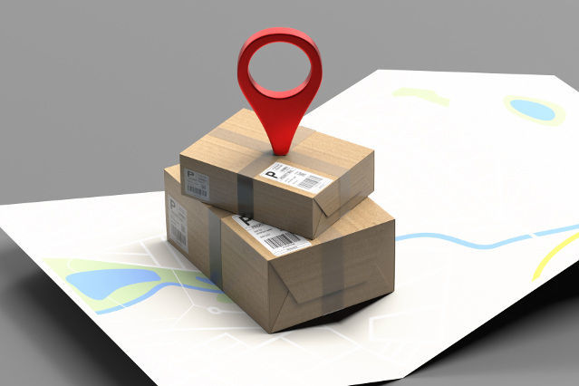 Landkarte mit einem Paket und Standortsymbol  (verweist auf: Nachsendeverfahren am Beispiel der Deutschen Post AG)