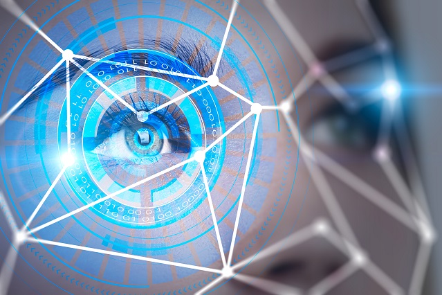 Kreise um ein Auge und Linien über ein Gesicht als biometrische Erkennung  (verweist auf: Biometrie und Datenschutz)